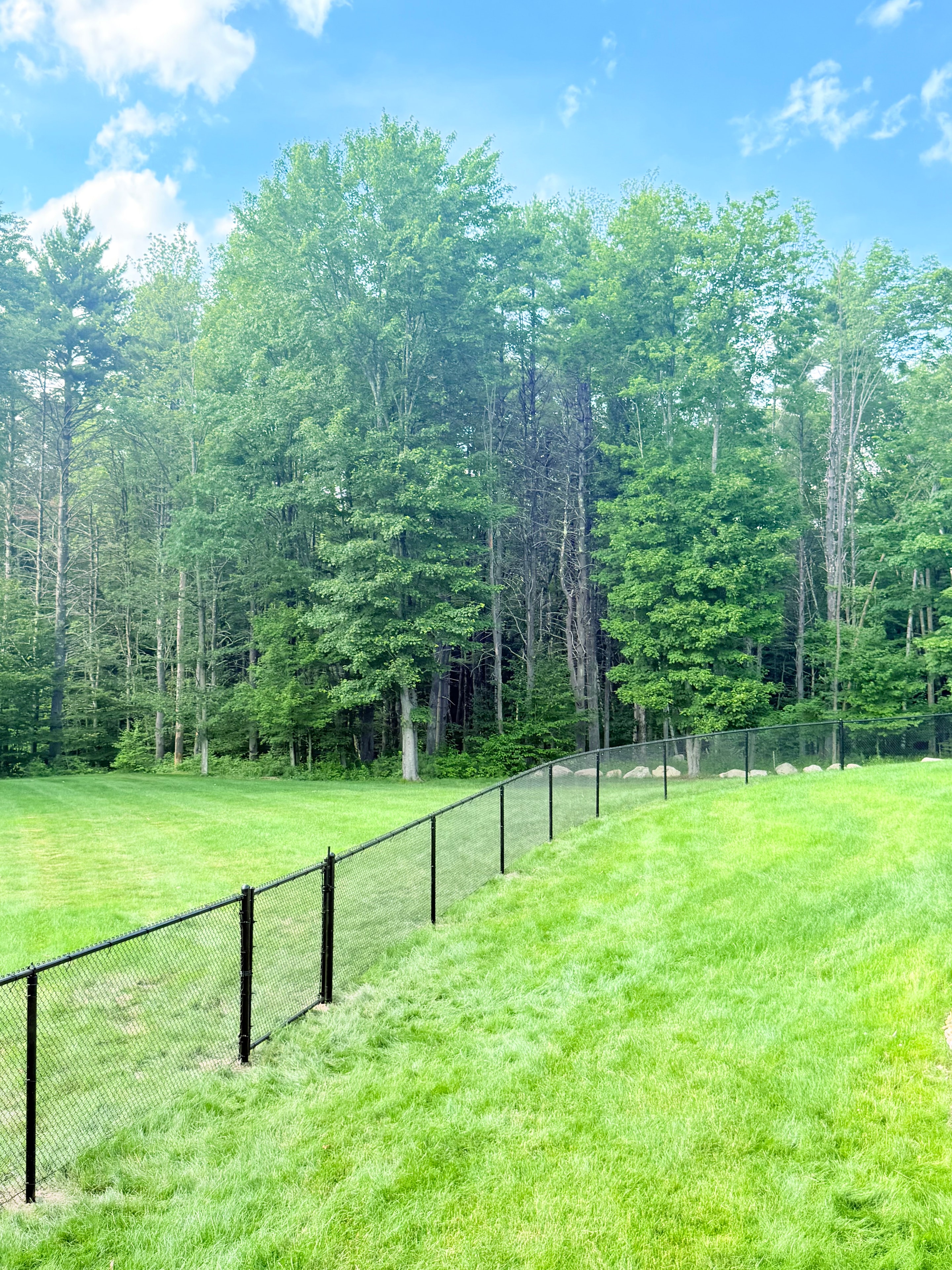 Black chain link fence along green lawn with tree line by Ultra Fence LLC